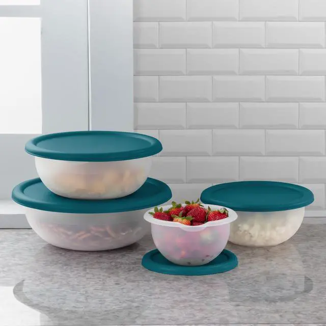 Alt view image 5 of 7 - Mainstays 8 Piece Plastic Covered Bowl Set for Food Prep, Serving & Storage, White Bowls with Teal Lids, BPA-Free