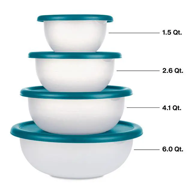 Alt view image 6 of 7 - Mainstays 8 Piece Plastic Covered Bowl Set for Food Prep, Serving & Storage, White Bowls with Teal Lids, BPA-Free