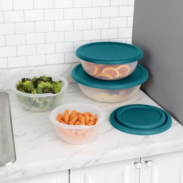 Alt view image 2 of 7 - Mainstays 8 Piece Plastic Covered Bowl Set for Food Prep, Serving & Storage, White Bowls with Teal Lids, BPA-Free