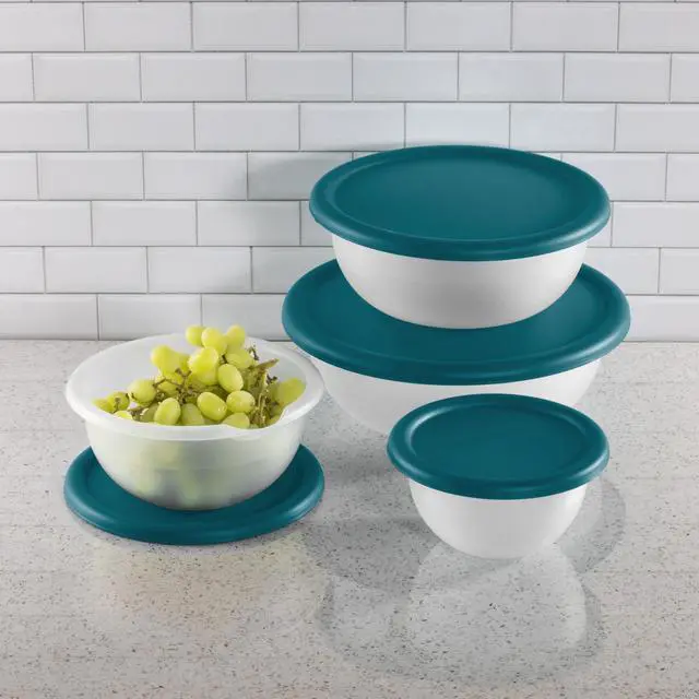 Main image of Mainstays 8 Piece Plastic Covered Bowl Set for Food Prep, Serving & Storage, White Bowls with Teal Lids, BPA-Free