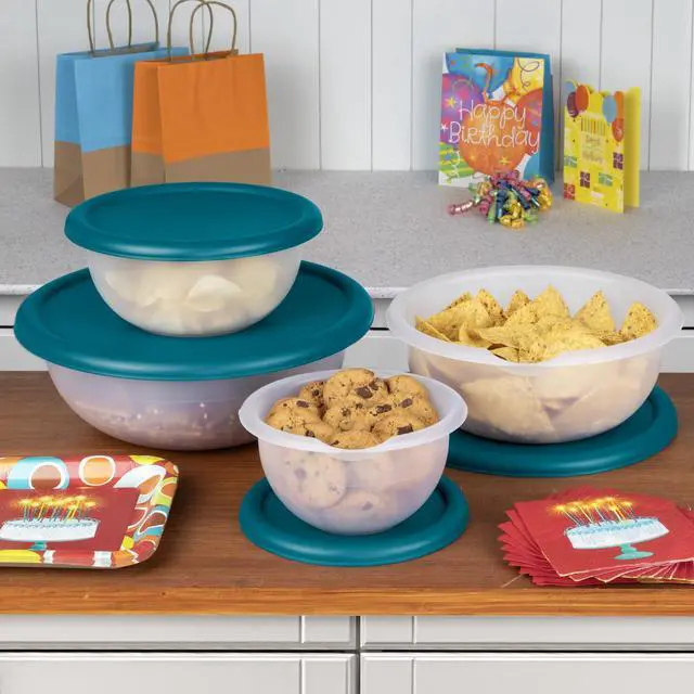 Alt view image 3 of 7 - Mainstays 8 Piece Plastic Covered Bowl Set for Food Prep, Serving & Storage, White Bowls with Teal Lids, BPA-Free