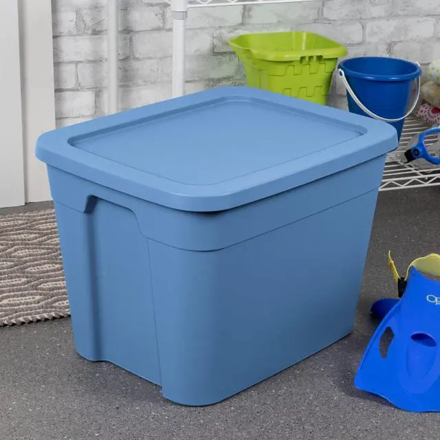 Main image of Sterilite 18 Gallon Tote, Plastic Storage Bin with Snap-on Lid, Stackable, Blue