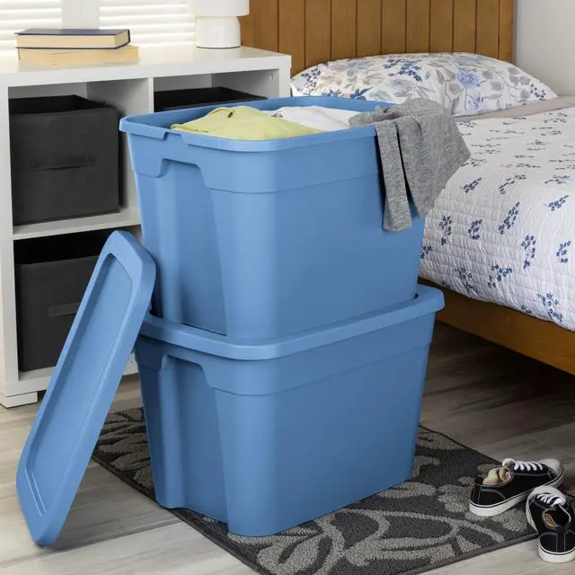 Alt view image 7 of 7 - Sterilite 18 Gallon Tote, Plastic Storage Bin with Snap-on Lid, Stackable, Blue