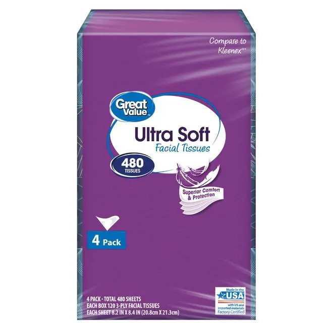 Alt view image 3 of 6 - Great Value Ultra Soft Facial Tissues, 4 Flat Cartons, 120 Tissues per Carton, 3-Ply, Compare to Kleenex®