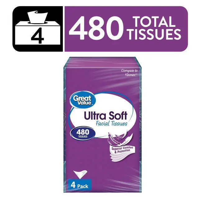 Alt view image 6 of 6 - Great Value Ultra Soft Facial Tissues, 4 Flat Cartons, 120 Tissues per Carton, 3-Ply, Compare to Kleenex®