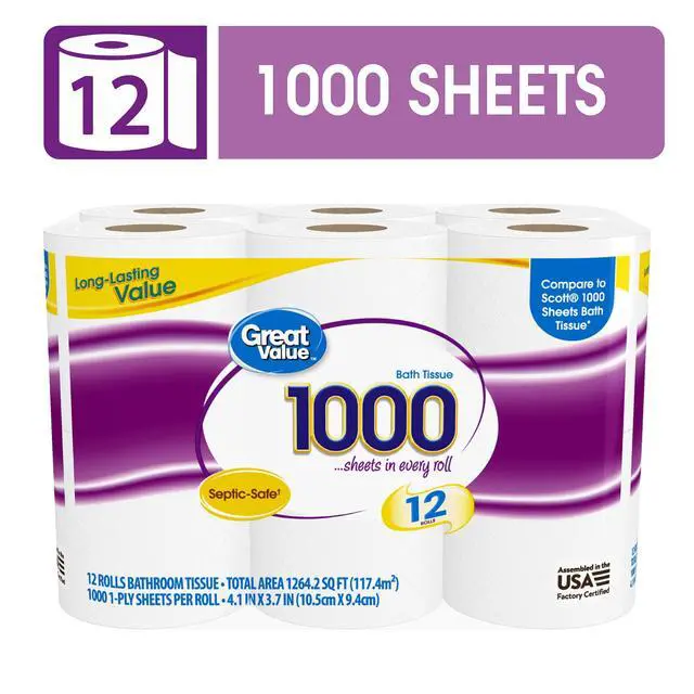 Alt view image 3 of 7 - Great Value Toilet Paper, 1000 Sheets per Roll, 12 Rolls