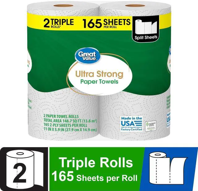 Alt view image 2 of 7 - Great Value Ultra Strong Paper Towels, 2 Triple Rolls, 330 Sheets