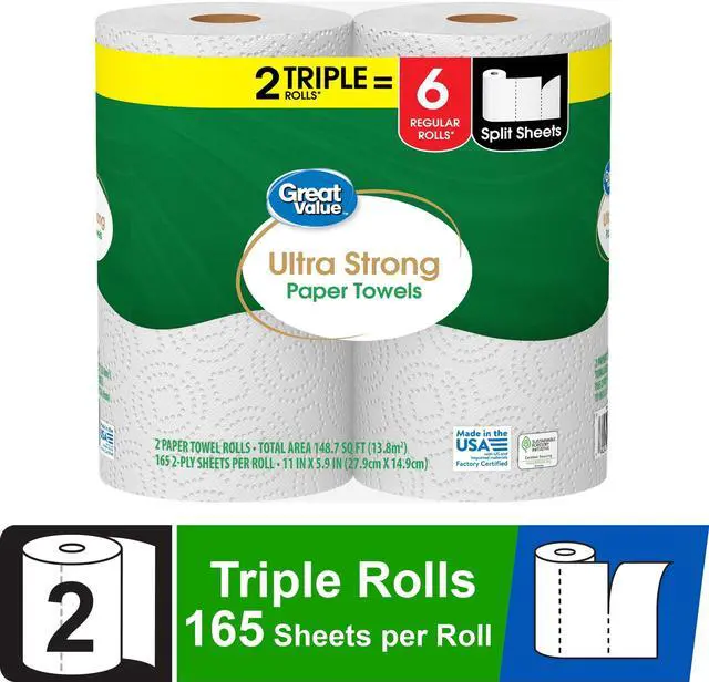 Main image of Great Value Ultra Strong Paper Towels, 2 Triple Rolls, 330 Sheets