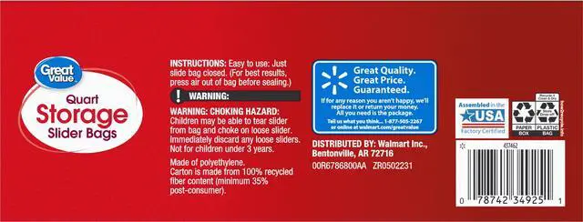 Alt view image 5 of 5 - Great Value Fresh Seal Slider Zipper Quart Storage Bags, 75 Count