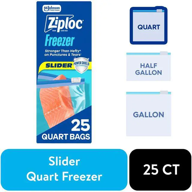 Main image of Ziploc® Brand Quart Freezer Slider Food Storage Bags, Power Shield Technology for More Durability, 25 Count