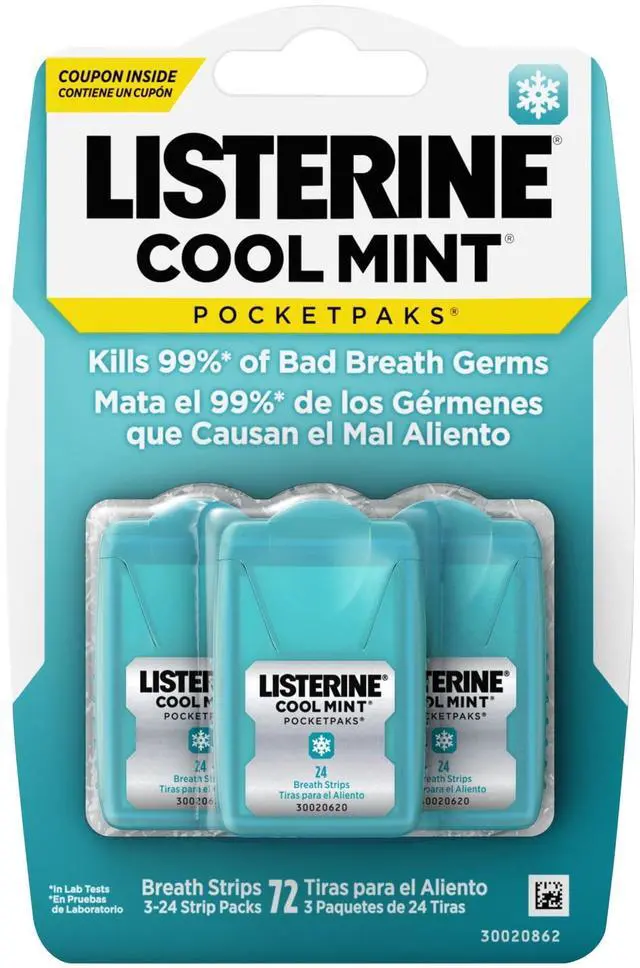 Main image of Listerine Cool Mint PocketPaks Fresh Breath Strips, 3 Pack of 24 Count