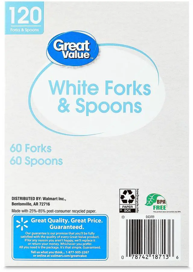 Alt view image 4 of 6 - Great Value Everyday Disposable Plastic Forks and Spoons, White, 120 Count, 60 Forks and 60 Spoons