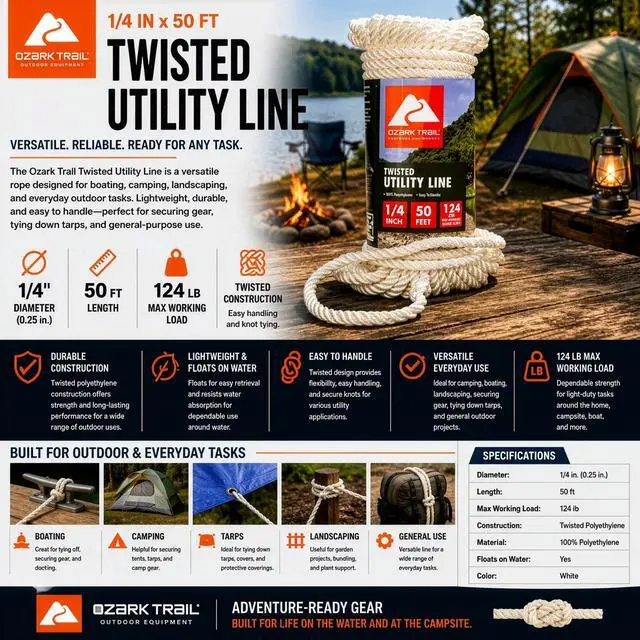 Alt view image 2 of 6 - Ozark Trail 1/4 in. x 50 ft Twisted Nylon Utility Line, White, 124 lb Working Load