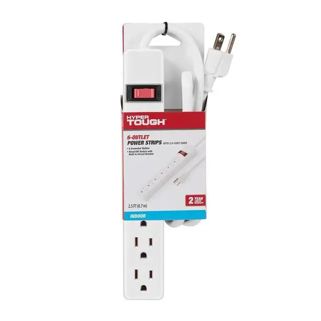 Alt view image 3 of 5 - Hyper Tough 6-Outlet Indoor Power Strip with 2.5 ft Extension Cord, ETL Certified, White