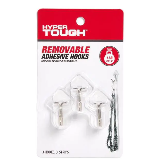 Alt view image 2 of 5 - (2 pack) Hyper Tough Medium Removable Hinged Hooks, Plastic Clear Hooks for Hanging Keys, with 3 Adhesive Strips, 1 lb Capacity, White, 3 Pc