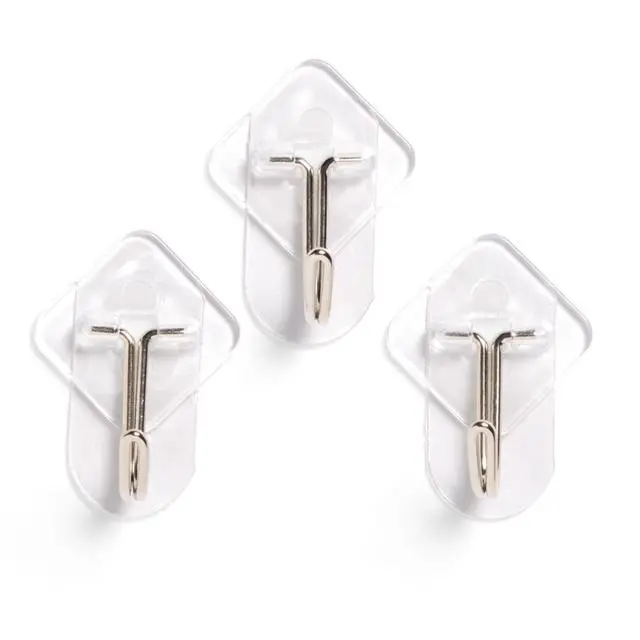 Alt view image 4 of 5 - (2 pack) Hyper Tough Medium Removable Hinged Hooks, Plastic Clear Hooks for Hanging Keys, with 3 Adhesive Strips, 1 lb Capacity, White, 3 Pc