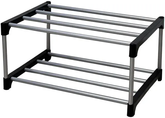Alt view image 3 of 4 - Mainstays 2-Tier Black and Silver Shoe Rack for Shoe Storage with Iron Poles & Plastic Connectors, Holds up to 4 Pairs