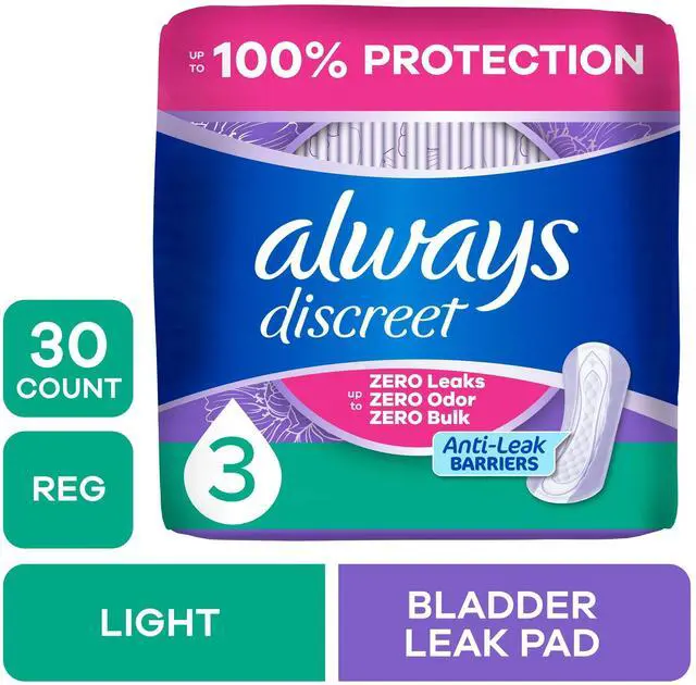 Main image of Always Discreet Incontinence Pads for Women, Light Absorbency, Regular Length, Postpartum Pads, 30 Count