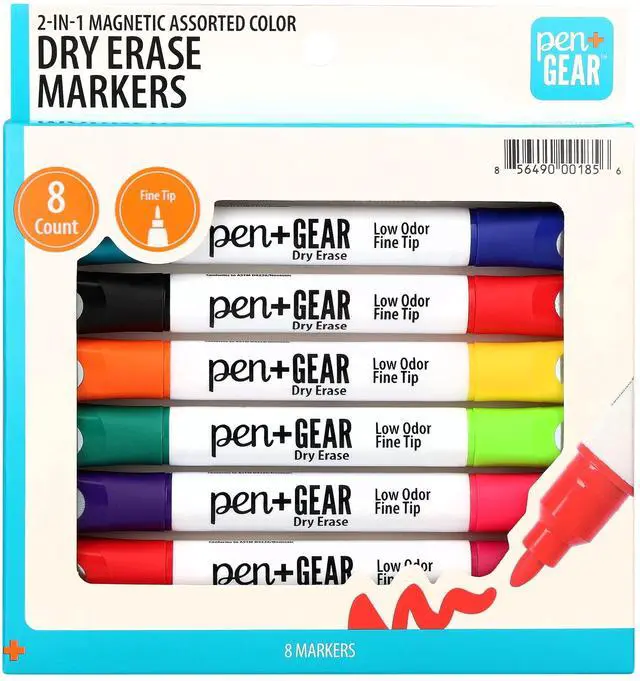 Main image of Pen+Gear 2-in-1 Magnetic Dry Erase Markers, Fine Tip, Assorted Colors, 8 Count