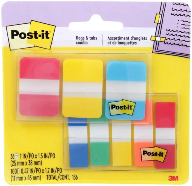 Main image of Post-it Tabs and Flags Combo Pack, 1 in Wide Tabs and .47 in Wide Flags, Assorted Colors, 36 Tabs and 100 Flags