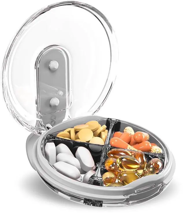 Main image of Sukuos Daily Use Portable Pill Organizer with 4 Compartments, Travel Pill Box & Vitamin Container, 1 pack, 4 Random Colors
