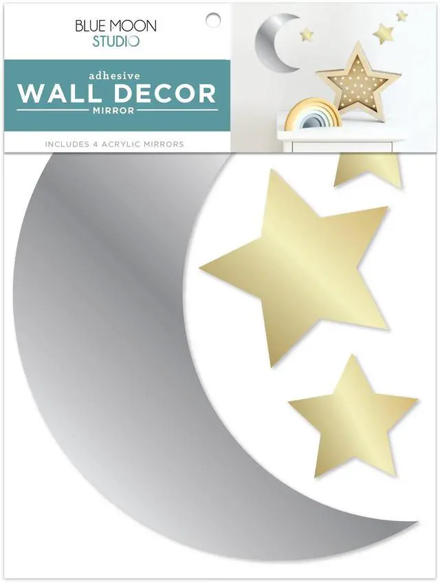 Main image of Blue Moon Studio 4Pc Peel & Stick Self-Adhesive Moon & Stars, Metallic Mirror Wall Decals