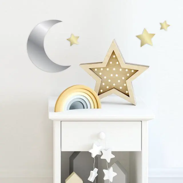 Alt view image 3 of 5 - Blue Moon Studio 4Pc Peel & Stick Self-Adhesive Moon & Stars, Metallic Mirror Wall Decals