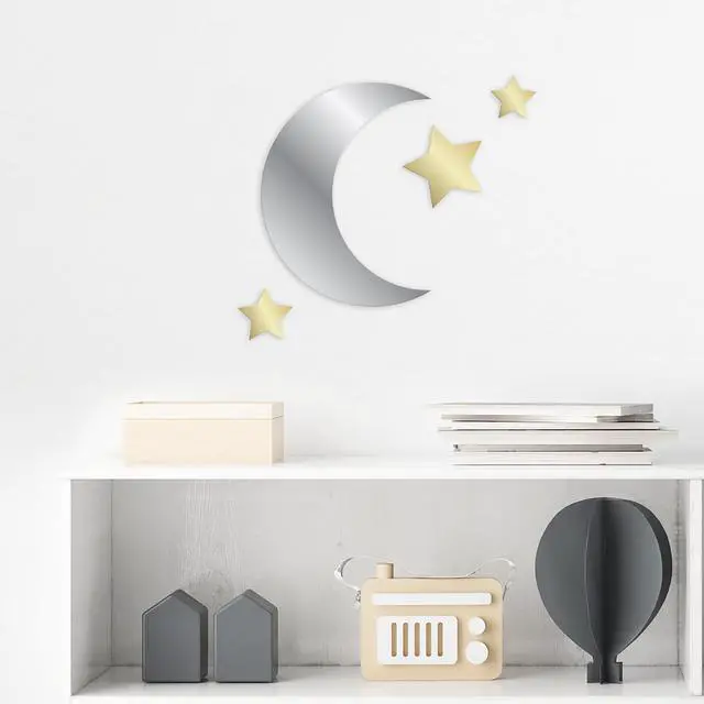 Alt view image 2 of 5 - Blue Moon Studio 4Pc Peel & Stick Self-Adhesive Moon & Stars, Metallic Mirror Wall Decals