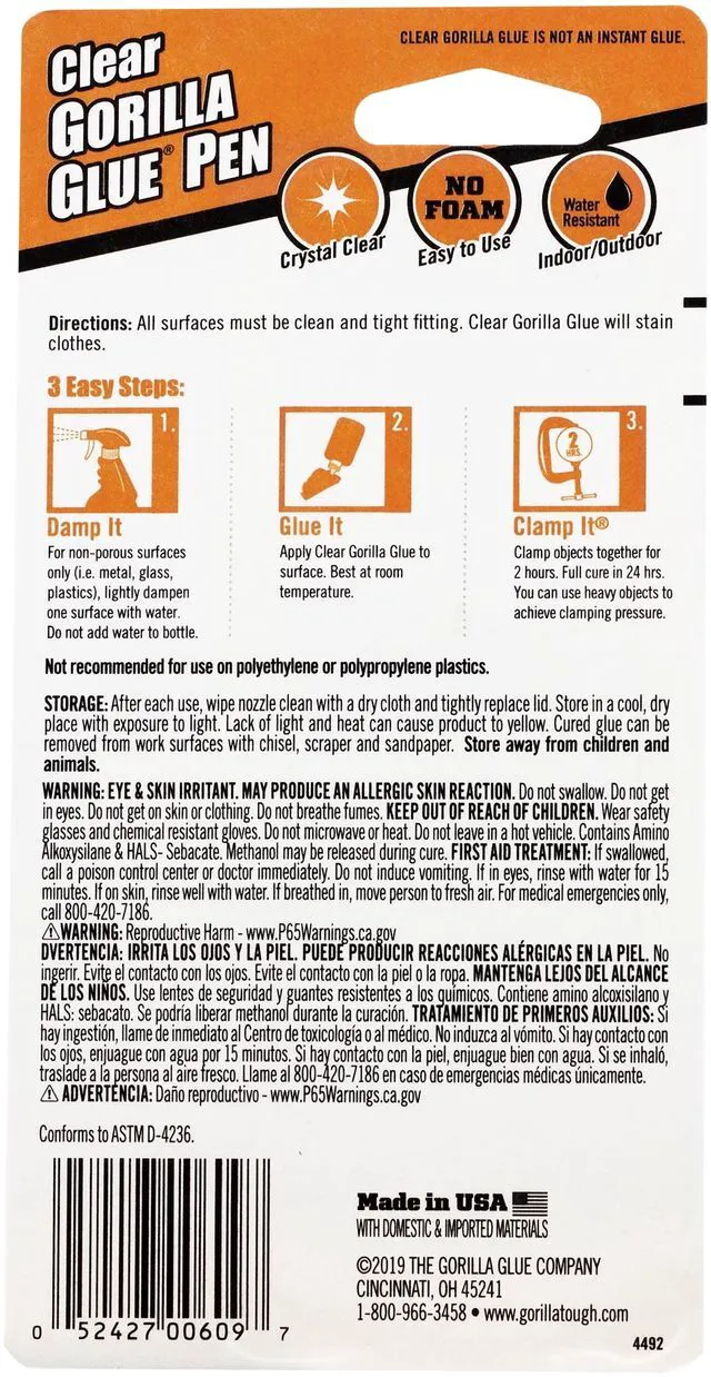 Alt view image 5 of 5 - Gorilla Glue Clear Polyurethane Pen, 21.26g, Model 103519, 1 Pk, New, 24 hour cure time