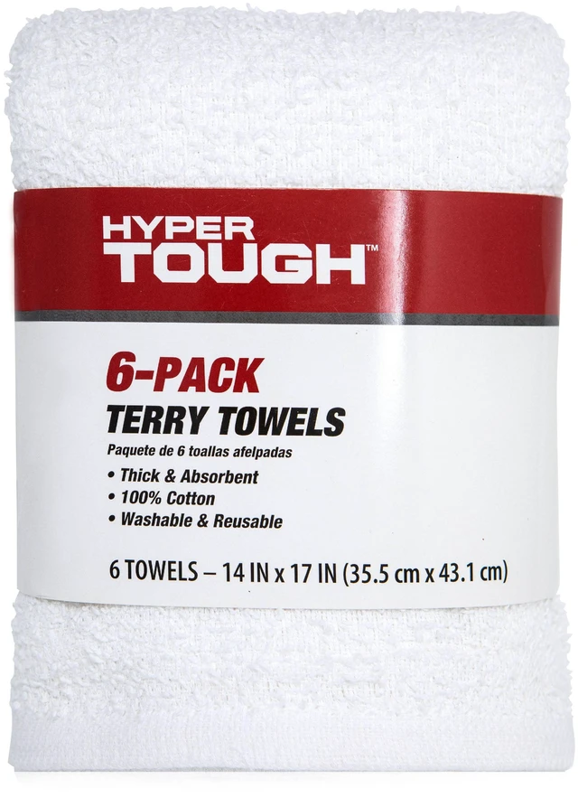 Main image of Hyper Tough Terry Towels, 100% Cotton, 14 in x 17 in, White, 6-Pack