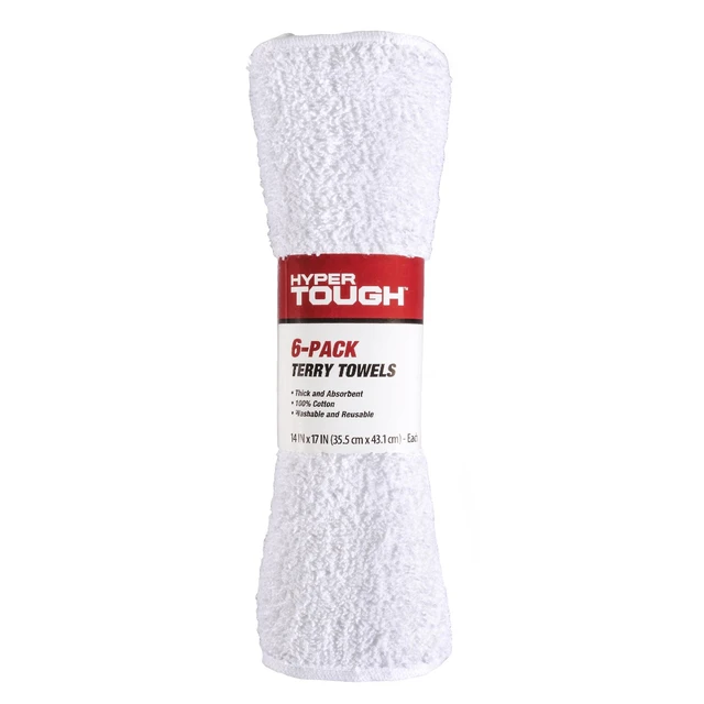 Alt view image 5 of 5 - Hyper Tough Terry Towels, 100% Cotton, 14 in x 17 in, White, 6-Pack