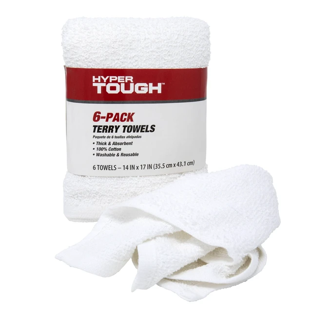 Alt view image 4 of 5 - Hyper Tough Terry Towels, 100% Cotton, 14 in x 17 in, White, 6-Pack