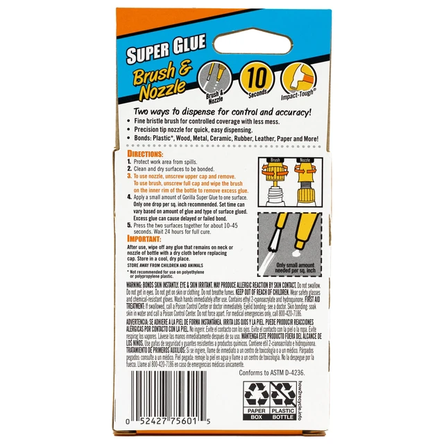Alt view image 2 of 5 - Gorilla Glue Clear Super Glue Brush & Nozzle Bottle, 10 Grams
