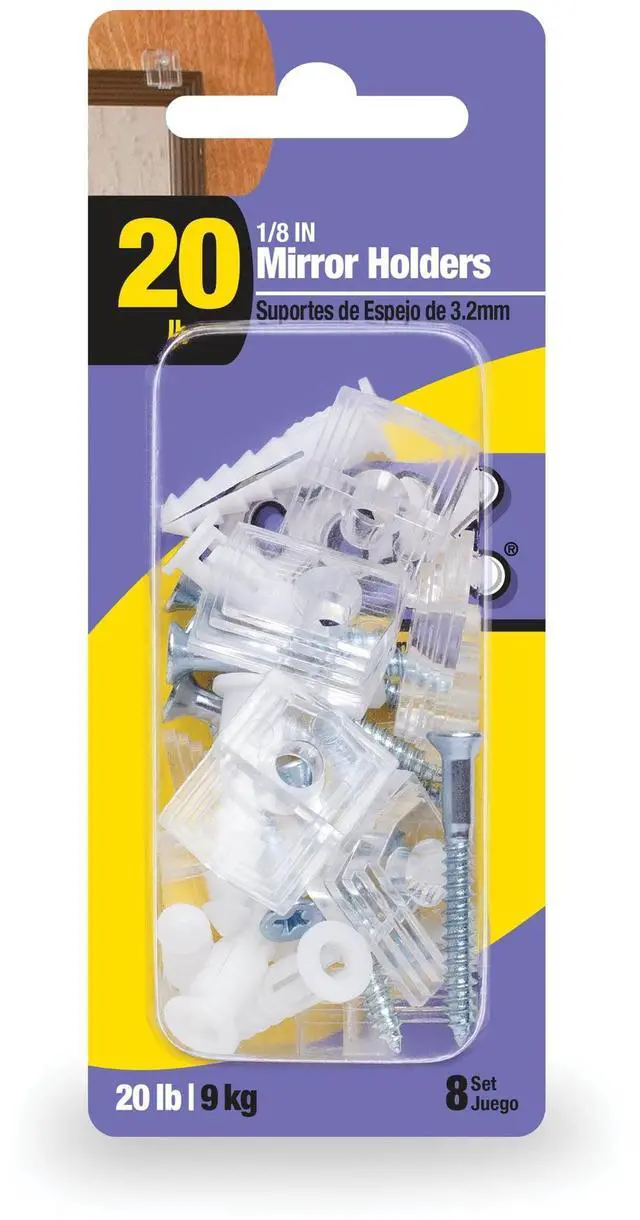 Main image of Ook Mirror Holders, Mirror Hangers, 1/8" Depth, 20 lbs, Plastic, Clear, 8 pack