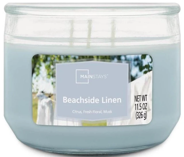 Main image of Mainstays 3-Wick Glass Jar Candle, Beachside Linen, Illusion Blue, 11.5 oz
