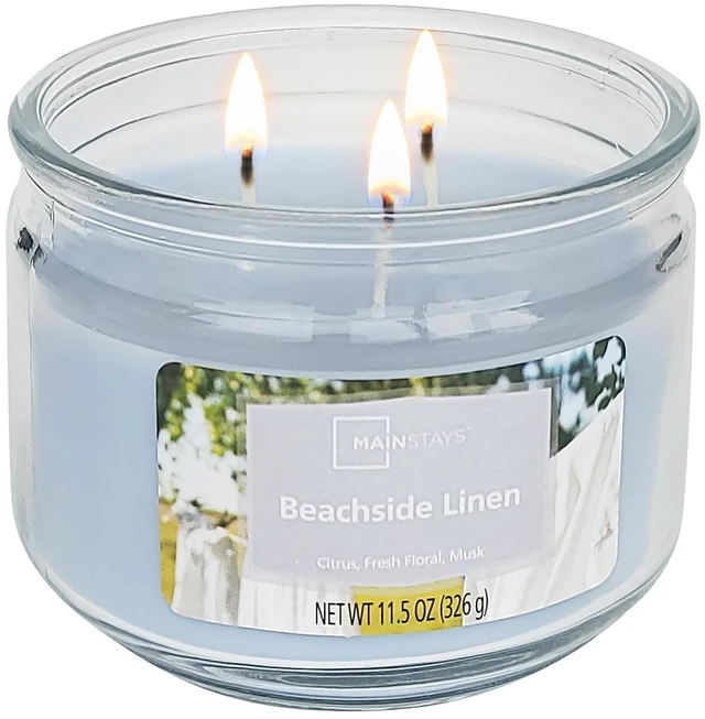 Alt view image 2 of 6 - Mainstays 3-Wick Glass Jar Candle, Beachside Linen, Illusion Blue, 11.5 oz