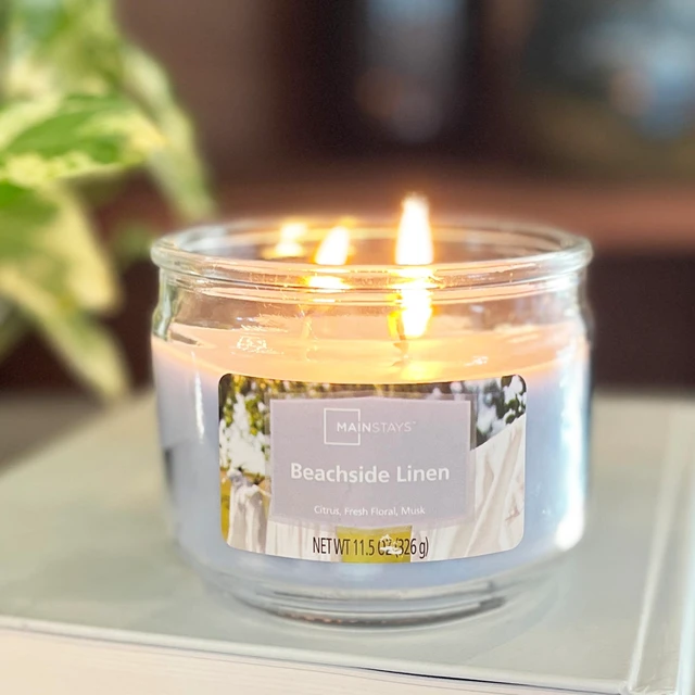 Alt view image 5 of 6 - Mainstays 3-Wick Glass Jar Candle, Beachside Linen, Illusion Blue, 11.5 oz