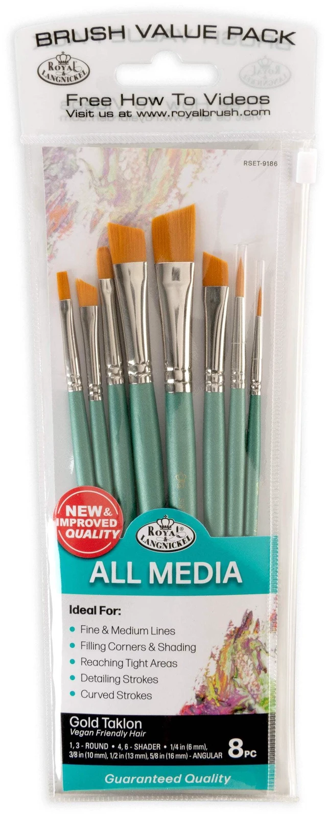 Main image of Royal & Langnickel Assorted Shape Golden Taklon Art Brush Set 8 pieces