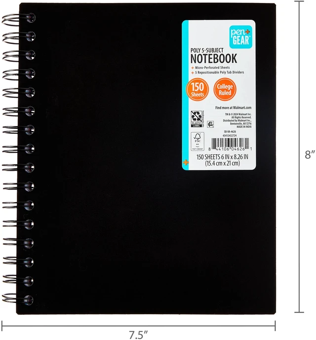 Alt view image 4 of 6 - Pen+Gear College Ruled 5-Subject Poly Notebook, 6" x 8.26", Black, 150 Sheets