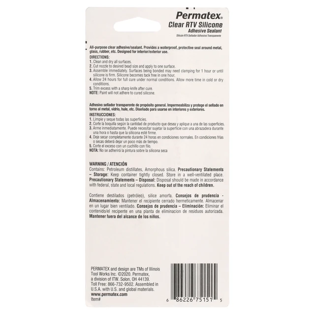 Alt view image 2 of 6 - Permatex 75151 Clear Rtv Silicone Adhesive Sealant, 3 oz