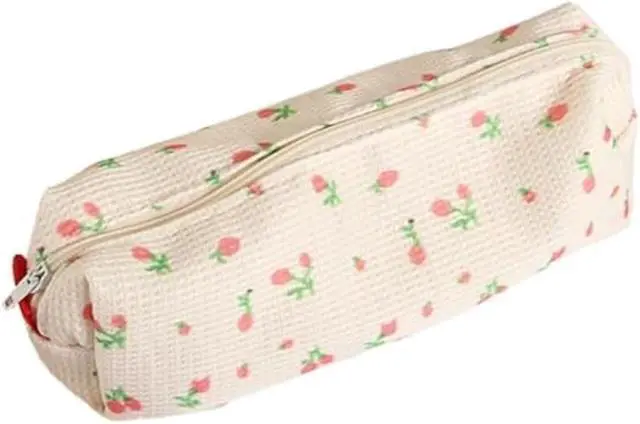 Main image of Pink Strawberries Women Fresh Style Pencil Bag Flower Floral Canvas Large Pen Pencil Pouch Bag Penci