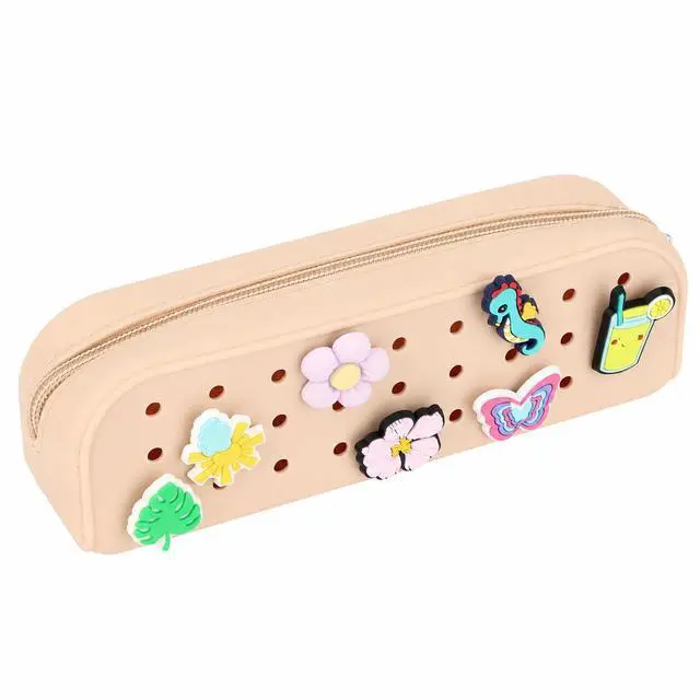 Main image of Small Silicone Pencil Case with DIY Holes and 20 Decorative Charms | Aesthetic Pencil Bag f