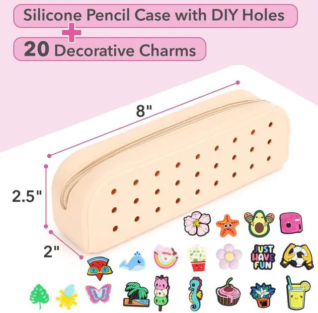Alt view image 2 of 6 - Small Silicone Pencil Case with DIY Holes and 20 Decorative Charms | Aesthetic Pencil Bag f
