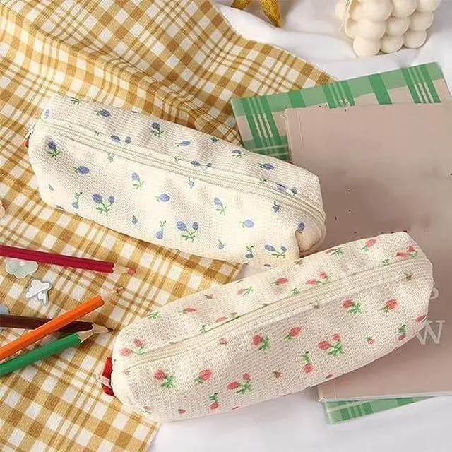 Alt view image 3 of 5 - Pink Strawberries Women Fresh Style Pencil Bag Flower Floral Canvas Large Pen Pencil Pouch Bag Penci