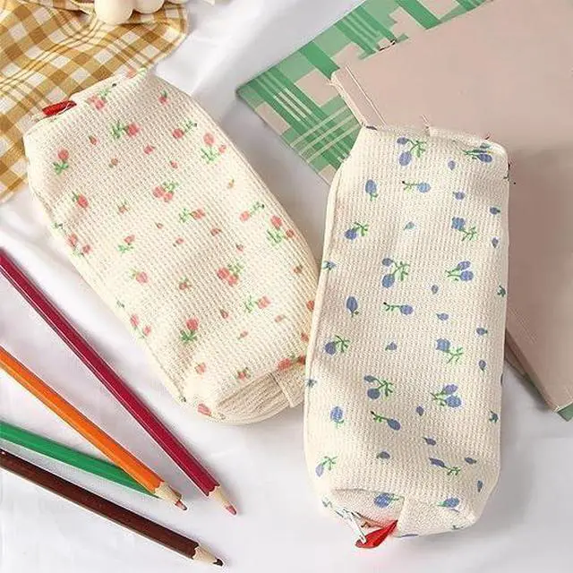 Alt view image 4 of 5 - Pink Strawberries Women Fresh Style Pencil Bag Flower Floral Canvas Large Pen Pencil Pouch Bag Penci