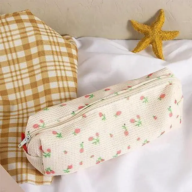 Alt view image 5 of 5 - Pink Strawberries Women Fresh Style Pencil Bag Flower Floral Canvas Large Pen Pencil Pouch Bag Penci