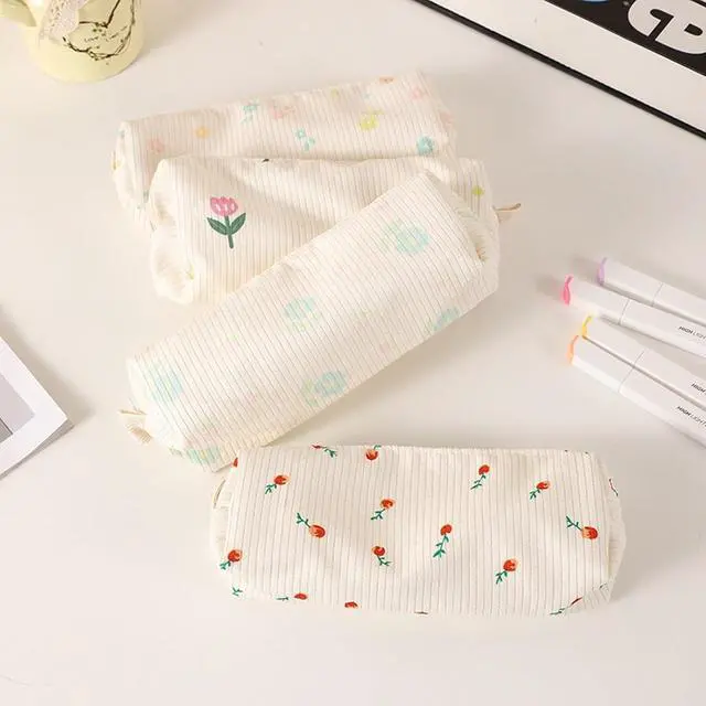 Alt view image 7 of 7 - Beige Simples And Cute Large Capacity Desktop Stationery Storage Bag Corduroy Floral Pencil Case Des