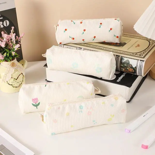Alt view image 6 of 7 - Beige Simples And Cute Large Capacity Desktop Stationery Storage Bag Corduroy Floral Pencil Case Des