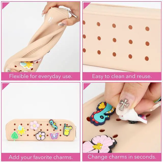 Alt view image 3 of 6 - Small Silicone Pencil Case with DIY Holes and 20 Decorative Charms | Aesthetic Pencil Bag f