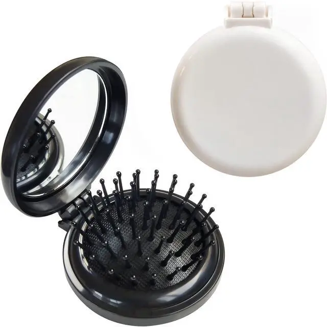 Main image of Hair Brush with Mirror for Purse/Pocket,Round Mini Compact Massage Comb for Girls and Women (Black+W